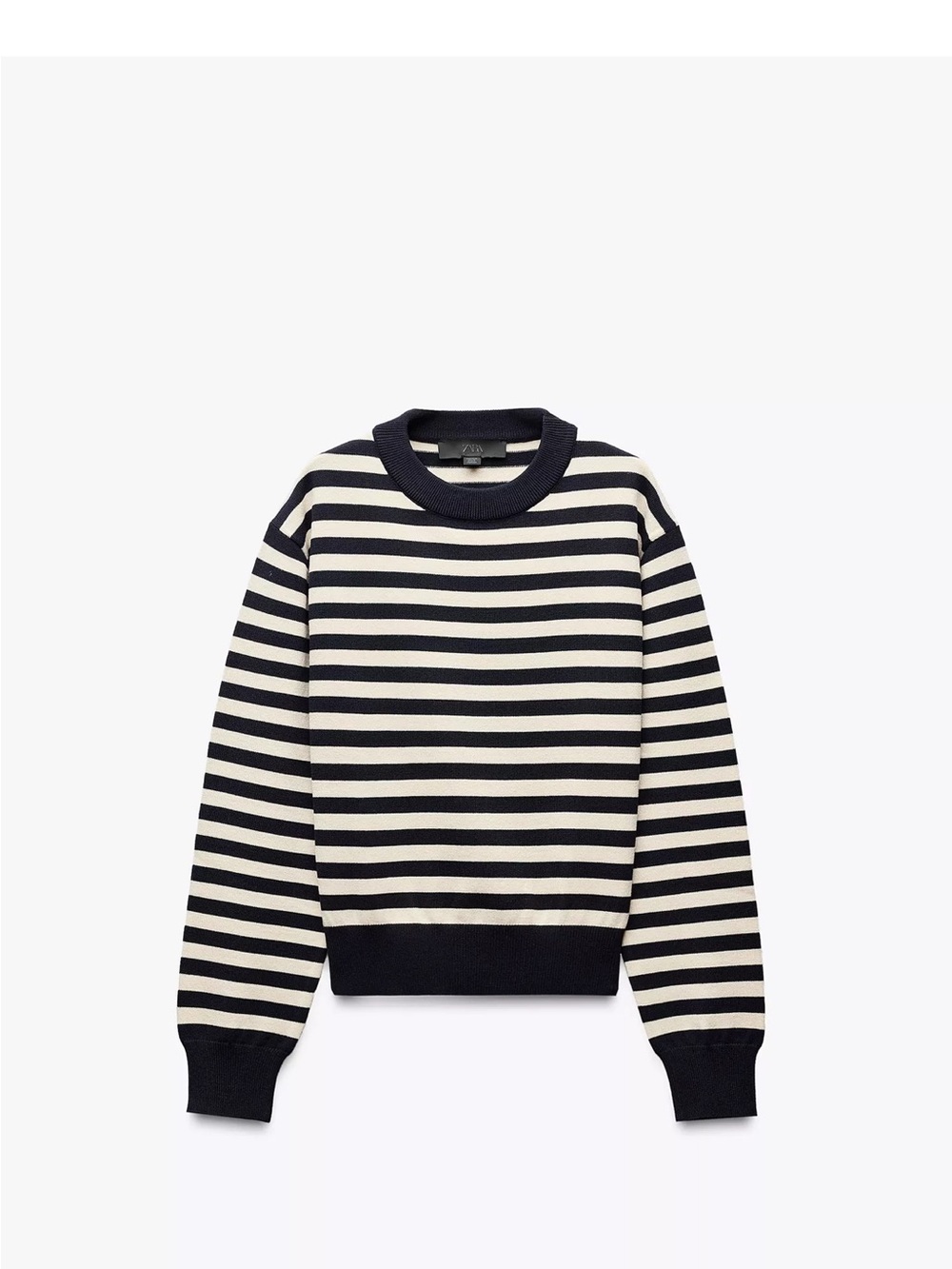 Zara Navy and Cream Striped Crewneck Sweater